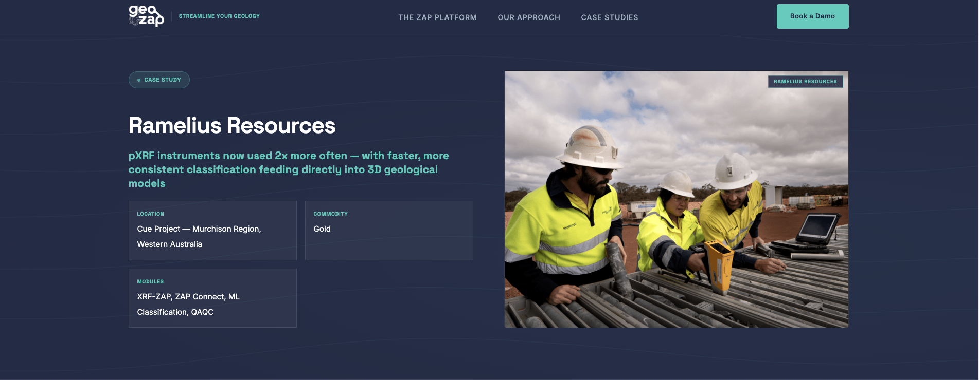 GeoZap case study page showing split hero layout with geological data visualisation and challenge-solution content structure