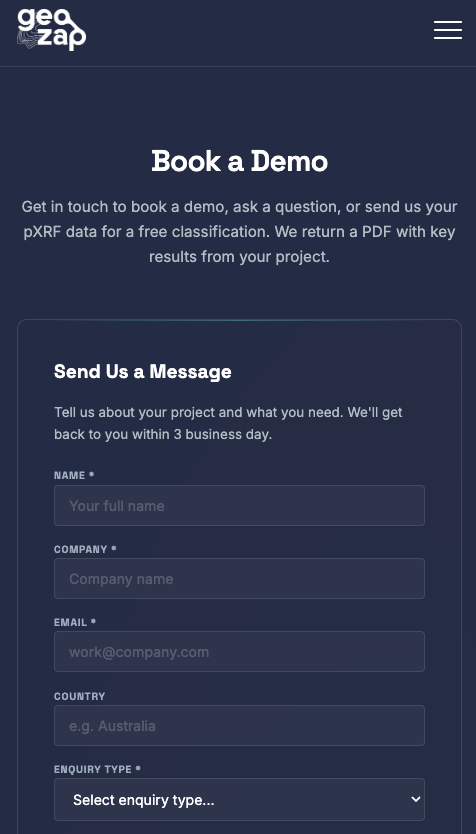 GeoZap website mobile responsive view showing navigation, hero section, and product cards on a phone-width screen
