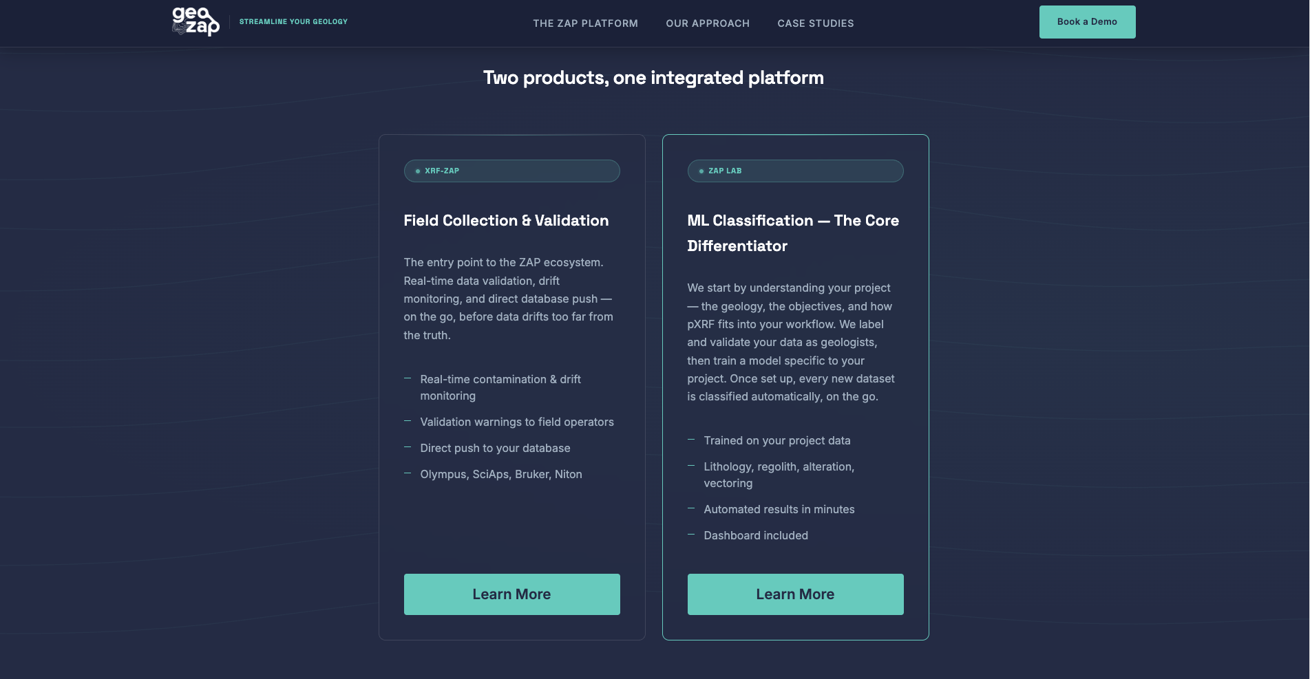 GeoZap product comparison section showing XRF-ZAP and ZAP LAB features side by side with feature lists and subscription details