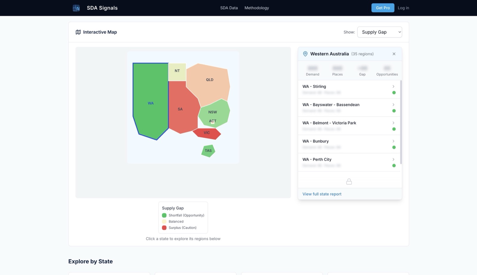 SDA Signals interactive map showing SDA supply gap analysis across Australian states and regions