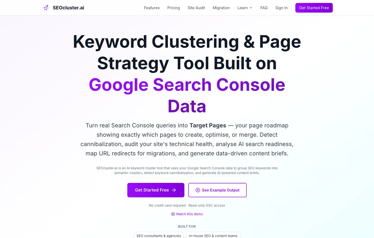 SEOcluster.ai website, Jimmy’s search workflow product