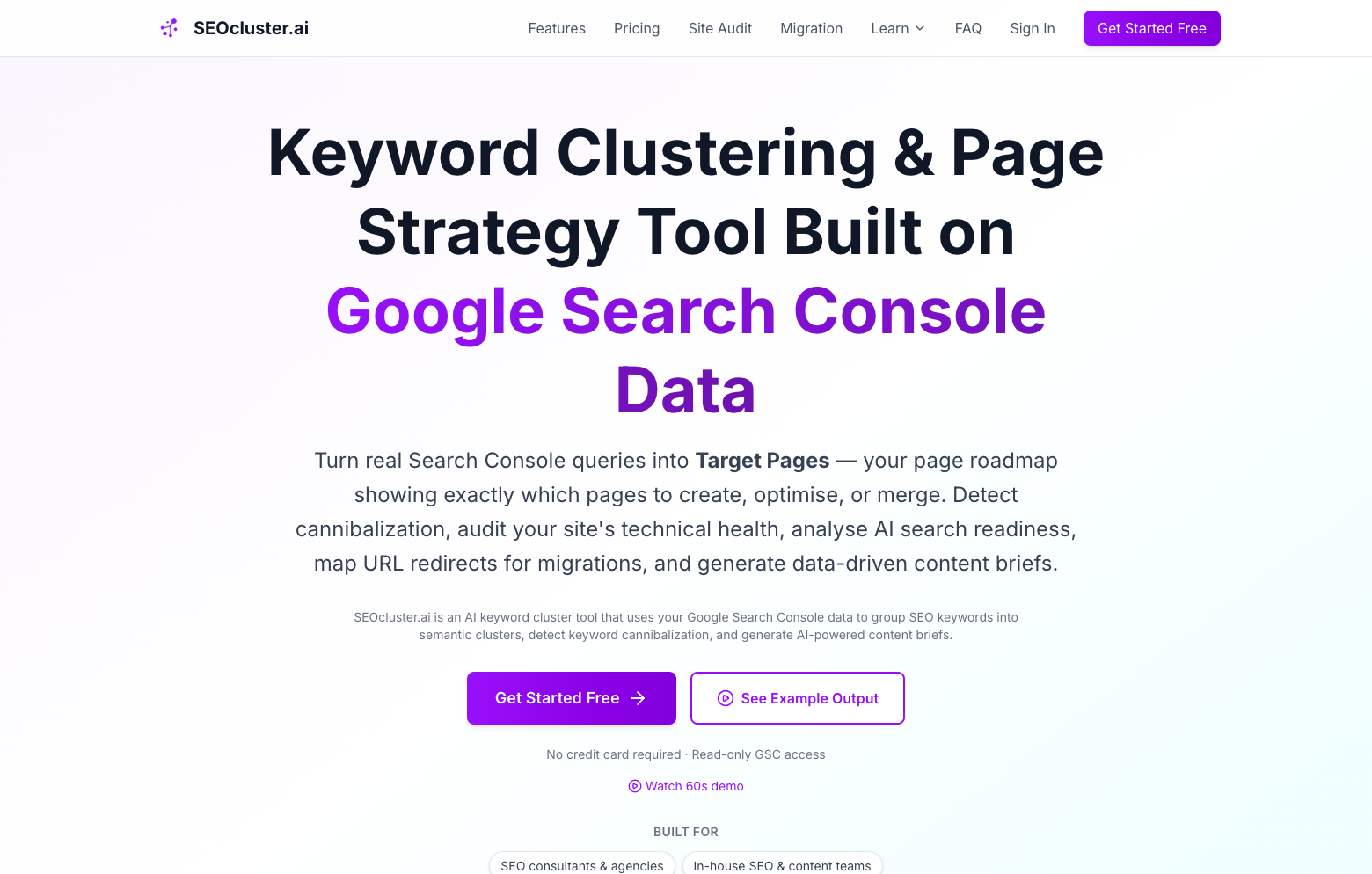 SEOcluster.ai homepage showing keyword clustering and page strategy built on Google Search Console data