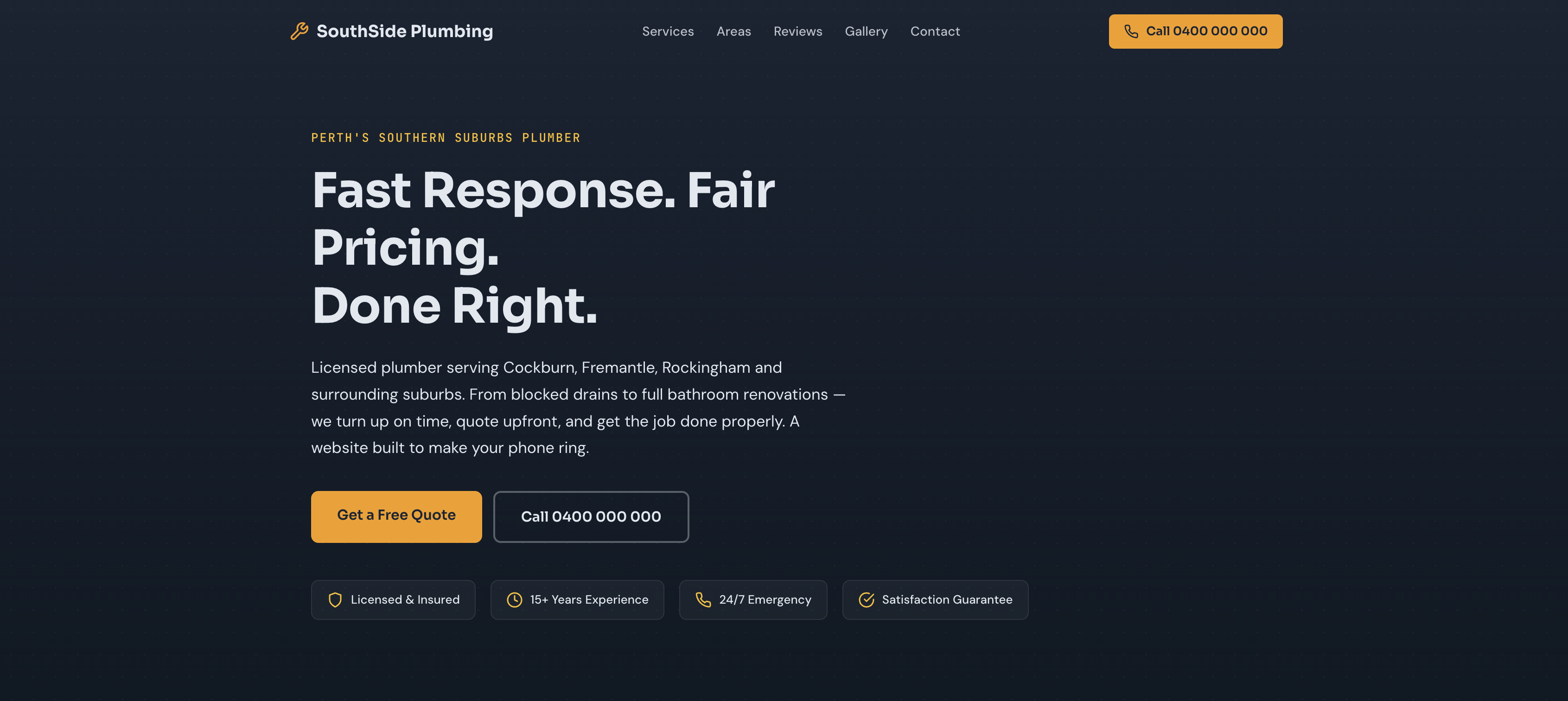 Tradie website hero section with call-to-action buttons and trust badges — Perth plumber demo