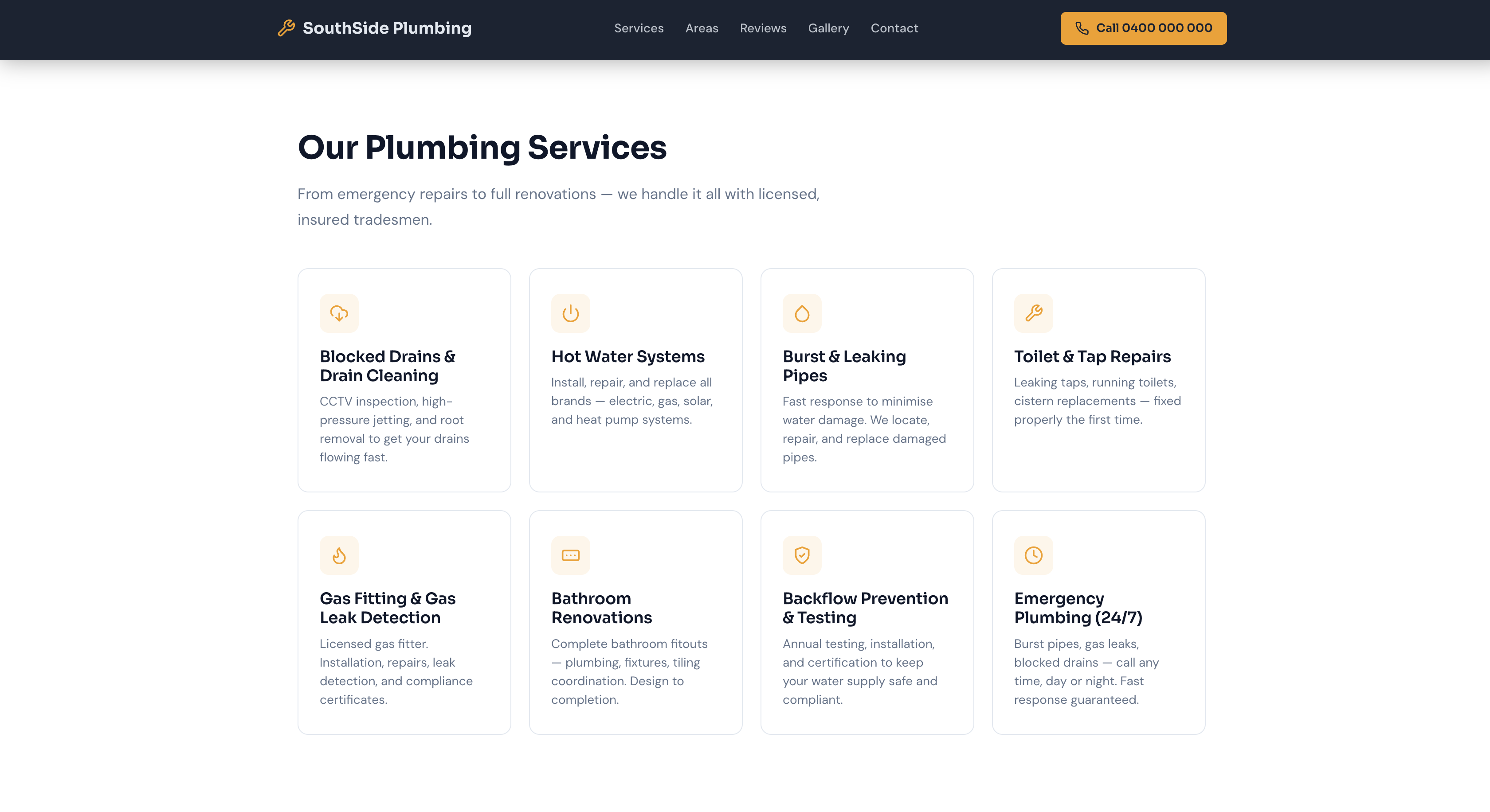 Plumbing services grid showing eight service cards for a Perth tradie website