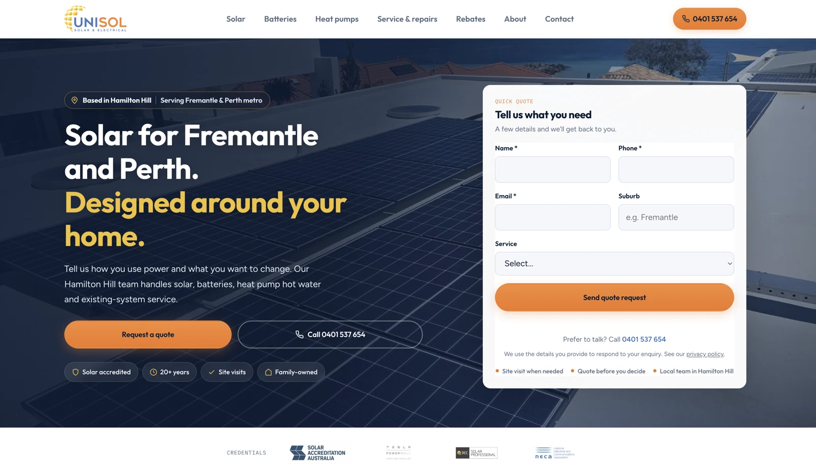 Unisol Solar website for a Hamilton Hill business targeting Fremantle and Perth